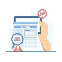 Fake News Detection Concept. Device with Magnifying Glass. Detection and control of fake news, social media disinformation and the spread of false facts. Flat Design Illustration. vector