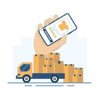 Online Ordering and Delivery Concept. Holding Mobile Phone and Delivery Car. Delivery service. Online parcel tracking. Mobile app. Flat Design Illustration in the background. vector