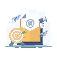 Email Marketing Concept. Computer with Email and Target Arrow. Digital marketing strategy concept, business goals, startup project objectives. Flat Design Illustration on background. vector