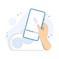 cloud computing concept, data transfer, software update and mobile device setup. cloud with smartphone hardware and screen. restoring or syncing apps on new device. design illustration. vector