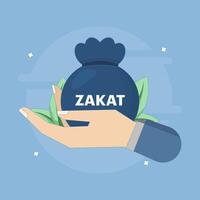 concept of paying zakat, giving aid or alms. getting money. donating funds. hand holding a bag of money and coins. flat style design illustration with grain texture. vector