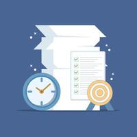 concept of time management, targets and work tasks. managing time to be able to complete work on time. illustration of stack of assignment papers, clock, and dart board. flat style design vector