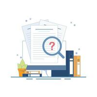 Evidence Analysis Concept. Document with Magnifying Glass. Legal document examination. Office document. Document review. Document file evidence examination analysis. Flat Design Illustration. vector