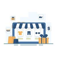 Online Shopping and Digital Purchasing Concept. Tablet with Shopping Bag. Online shopping store on internet website with easy online ordering and payment system, Illustration Design. vector