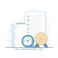 concept of time management, targets and work tasks. managing time to be able to complete work on time. illustration of stack of assignment papers, clock, and dart board. flat design illustration vector