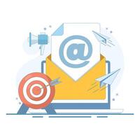 Email Marketing Concept. Computer with Email and Target Arrow. Digital marketing strategy concept, business goals, startup project objectives. Flat Cartoon Design Illustration on background. vector