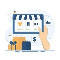 Online Shopping and Digital Purchasing Concept. Tablet with Shopping Bag. Online shopping store on internet website with easy online ordering and payment system, Flat Illustration Design. vector