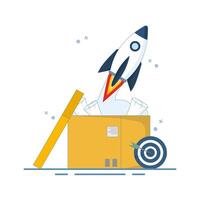 Startup Concept. Box with Rocket and Target Arrow. Rocket launch. Breakthrough new idea entrepreneurship success innovation startup creativity start business. Flat Design Illustration. vector