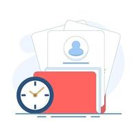 Data Storage Concept. Folder with Documents and Clock. File and Folder Arrangement. file data. Illustration Flat cartoon design on background. vector