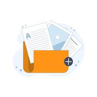 Attachment File Concept. folder with Documents. Storage, Folder, Document Storage, Data Archive. Documents in folder. Flat minimalist design illustration on background. vector