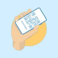 QR Code Scanning Concept Here. Hold the Phone with the QR Code. Scan the QR code now. The smart phone and the quick response code inside it are ready to be scanned. Flat Design Illustration. vector