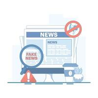 Fake News Detection Concept. Device with Magnifying Glass. Detection and control of fake news, social media disinformation and the spread of false facts. Flat cartoon design illustration. vector