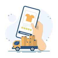 Online Ordering and Delivery Concept. Holding Mobile Phone and Delivery Car. Delivery service. Online parcel tracking. Mobile app. Flat Cartoon Design illustration on background. vector