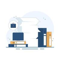 time and workload management concept. organizing and completing various work tasks and responsibilities. trying to manage document files. flat style design illustration in the background. vector