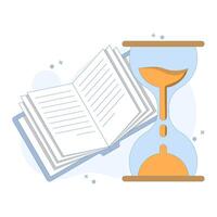 Time management concept. Hourglass with open book. Reading time and patience. Perfect for education, literacy campaigns, time management and book related content. Minimalist flat illustration. vector