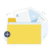Attachment File Concept. folder with Documents. Storage, Folder, Document Storage, Data Archive. Documents in folder. Cartoon Design Illustration in the background. vector