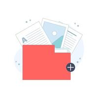 Attachment File Concept. folder with Documents. Storage, Folder, Document Storage, Data Archive. Documents in folder. Flat Cartoon Design Illustration on background. vector