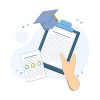 Case Study Concept. Clipboard with Graduation Cap and Magnifying Glass. studying information, facts. case study searching for business information, analyzing product features. Flat illustration. vector