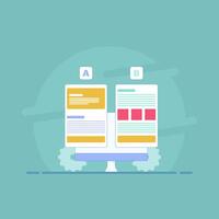 A and B testing concept. AB testing on wireframe campaigns on device screens. AB testing graphs, mobile app split testing comparison, data analysis and experiment results. vector