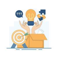 Out of the Box Thinking Concept. Out of the box creative ideas. Brainstorming and collective work. Creative personality and solution finding. Selection of the best option and analysis. vector