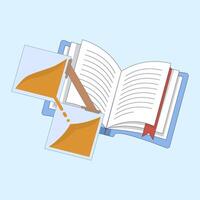 Time management concept. Hourglass with open book. Reading time and patience. Perfect for education, literacy campaigns, time management and book related content. Flat design illustration. vector