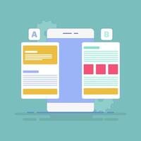 A and B testing concept. AB testing on wireframe campaigns on device screens. AB testing graphs, mobile app split testing comparison, data analysis and experiment results. flat illustration. vector