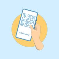 QR Code Scanning Concept Here. Hold the Phone with the QR Code. Scan the QR code now. The smart phone and the quick response code inside it are ready to be scanned. Flat Illustration Design. vector
