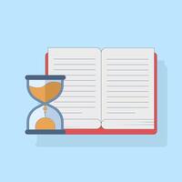 Time management concept. Hourglass with open book. Reading time and patience. Perfect for education, literacy campaigns, time management and book related content. Design illustration. vector