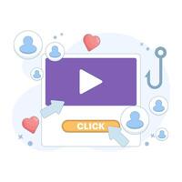 clickbait title concept. strategy to attract viewers or readers with promising titles or content. monitor with click button, , and hook. flat style design illustration. vector