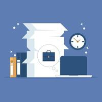 time and workload management concept. organizing and completing various work tasks and responsibilities. trying to manage document files. flat cartoon design illustration in the background. vector