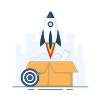 Startup Concept. Box with Rocket and Target Arrow. Rocket launch. Breakthrough new idea entrepreneurship success innovation startup creativity start business. Illustration Flat cartoon design. vector