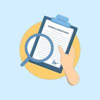 Terms and Conditions Concept. Document with Magnifying Glass. Research on terms and conditions. Business documents for legal compliance, agreements and contracts. Flat Cartoon Design Illustration. vector