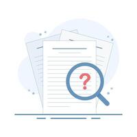 Evidence Analysis Concept. Document with Magnifying Glass. Legal document examination. Office document. Document review. Document file evidence examination analysis. Flat Illustration Design. vector