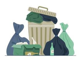 Trash Can with Pile of Garbage Bags for Scattered Trash Concept Illustration vector