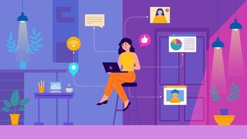 Woman Working Remotely in a Modern Virtual Environment with Interactive Connections vector