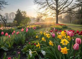 A spring garden, where tulips and daffodils bloom in the first rays of the sun, creating a magical atmosphere of light and joy. photo