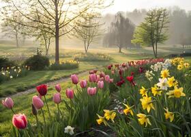 A spring garden where tulips and daffodils bloom in the first rays of the sun, creating an atmosphere of light and joy photo