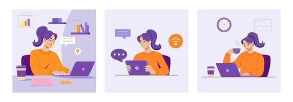 Professional Woman Working Remotely Using Laptop in a Calm Workspace vector