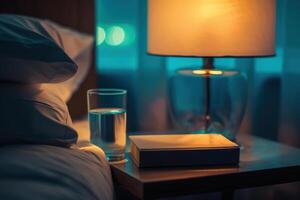 Bedside Comforts with Glowing Lamp, Book, and Water - Ideal for Relaxation and Hotel Decor Themes photo