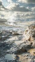 Panoramic Geothermal Landscape with Bubbling Mud Pools and Steam in Rocky Terrain photo