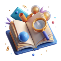 elegant minimalist Open Book with Magnifying Glass and Pen Isolated for Research detailed png