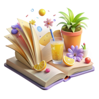 vibrant abstract Open Book with Summer Flowers and Lemonade Isolated for Summer Reading exclusive png