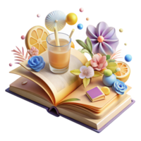 beautiful vintage Open Book with Summer Flowers and Lemonade Isolated for Summer Reading exclusive png