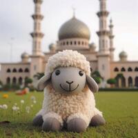 A smiling sheep with fluffy wool on the grass in front of a mosque Eid Al-Adha concept photo