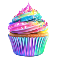 Vibrant Rainbow Swirl Cupcake with Colorful Frosting png