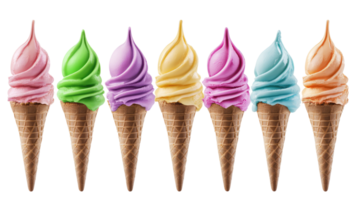 set of colorful ice cream waffle cones isolated on transparent background png