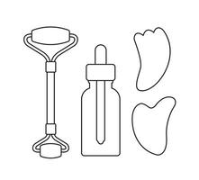 Set bundle of massage roller gua sha and oil bottle isolated on white background vector