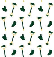 Seamless pattern of flat cartoon green stone massage roller and gua sha isolated on white background vector
