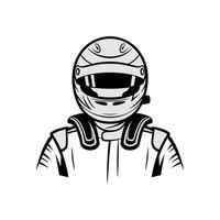 A black and white drawing of a man in a racing helmet vector