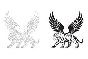 Majestic Winged Tiger Design in Flat and Outline Styles vector
